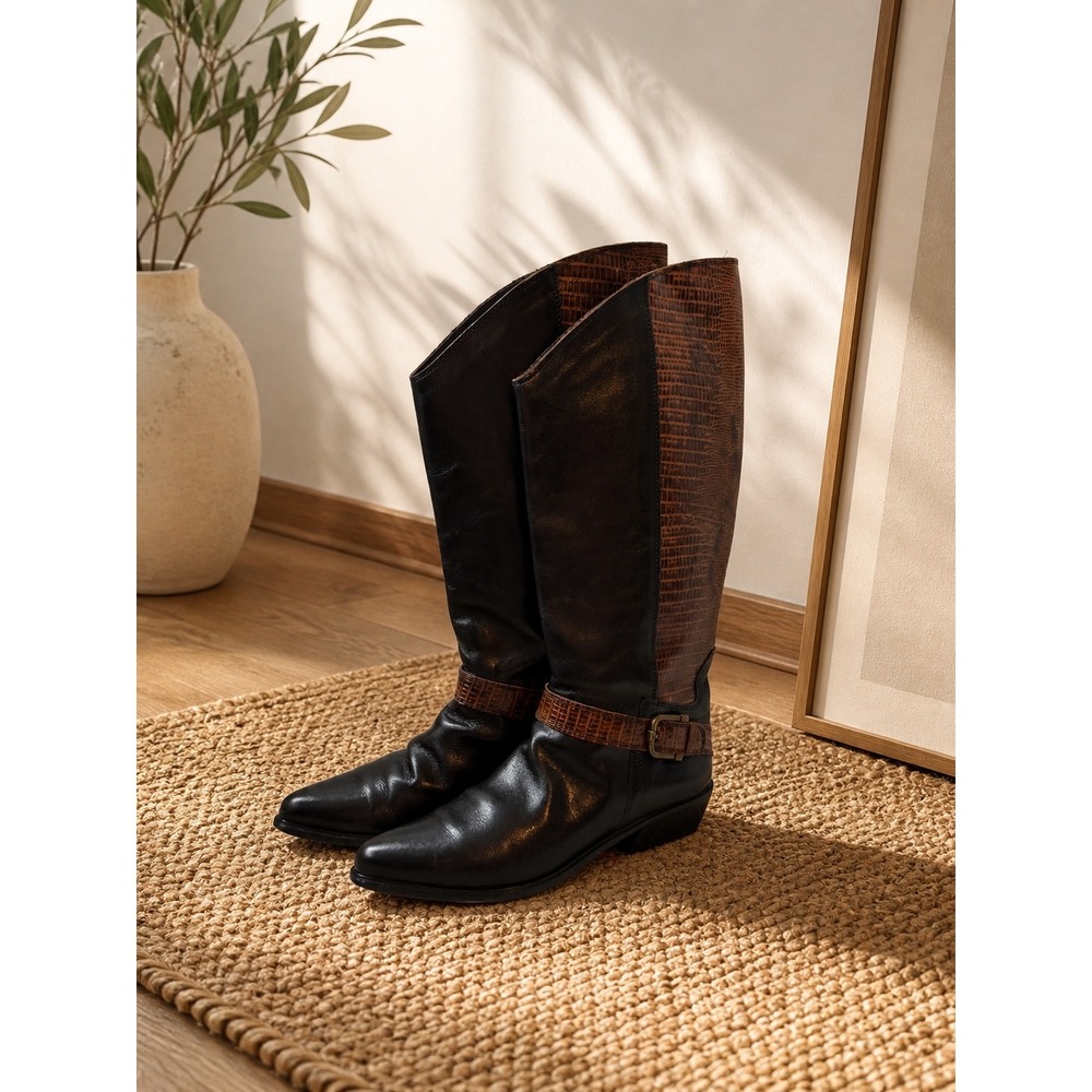 Bandolino Italian Black Leather Brown Embossed Tall Boots Size 7.5 Pointed Toe